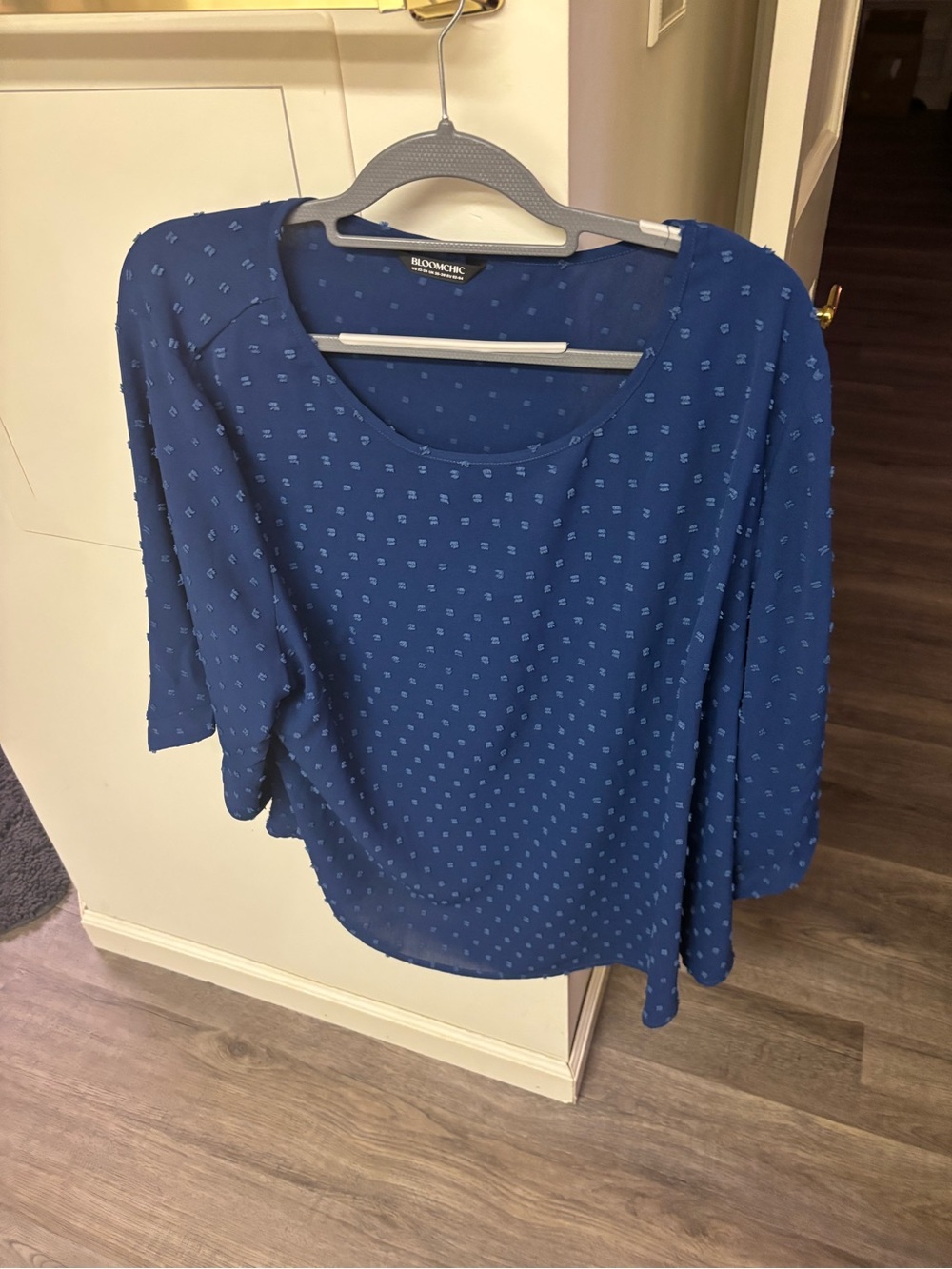 BloomChic Navy Blue Scoop Neck Textured Dot Blouse